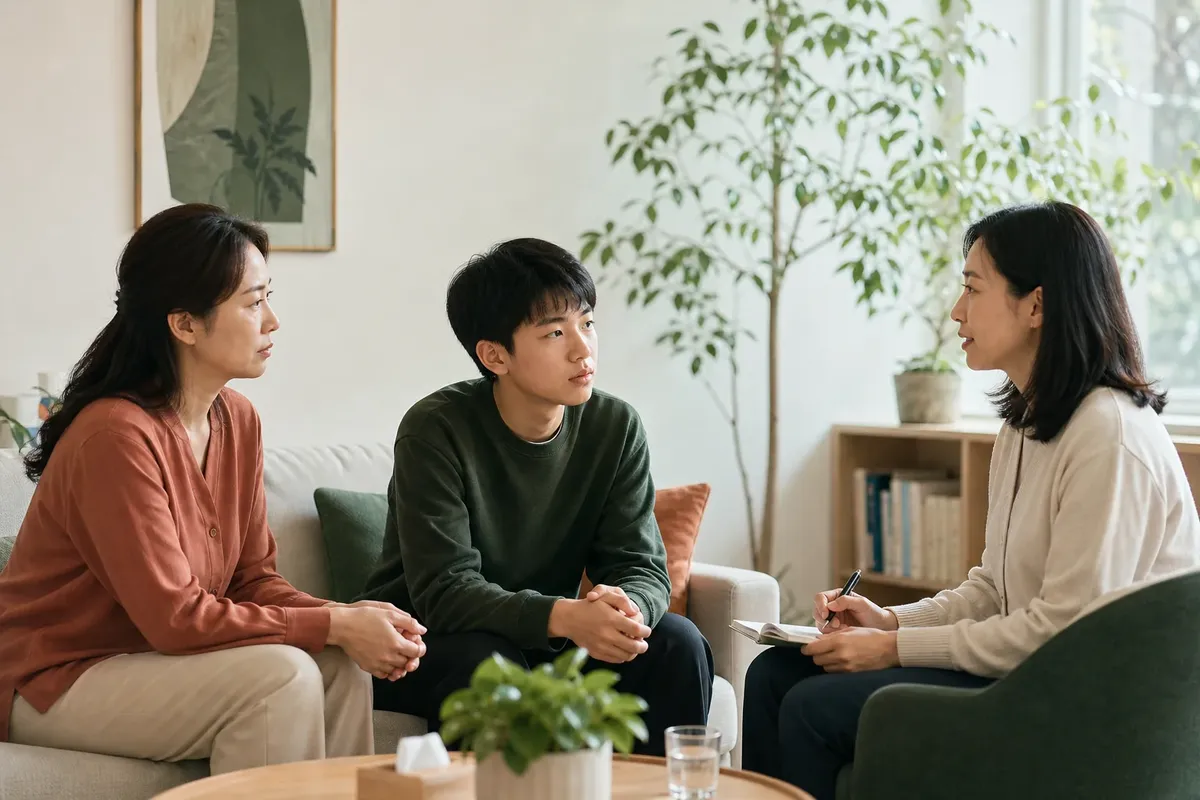 家长陪伴青少年接受专业情绪支持的沟通场景